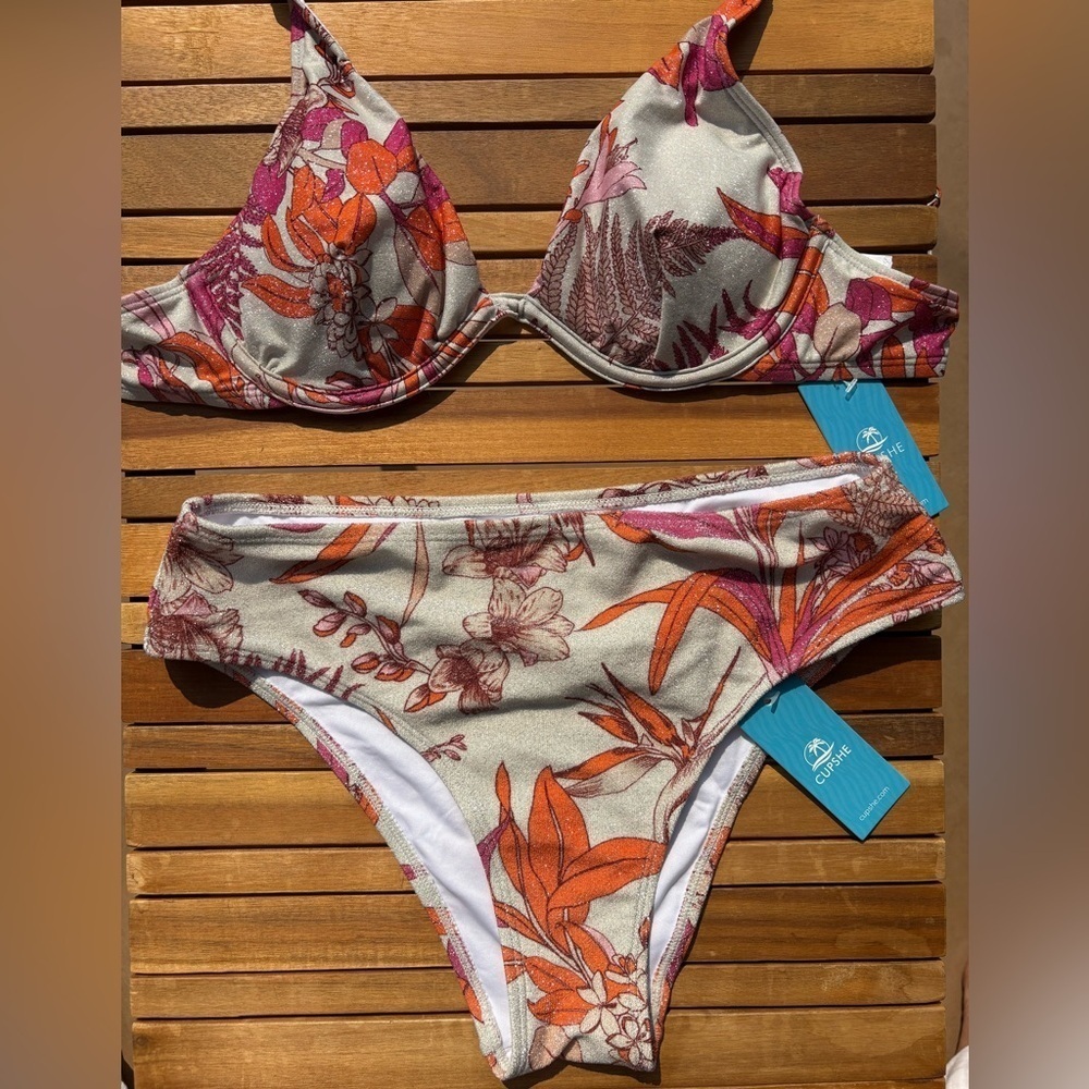 SMALL NWT Cupshe Floral Bird of Paradise glitter pink orange cream Bikini swim - Picture 7 of 7